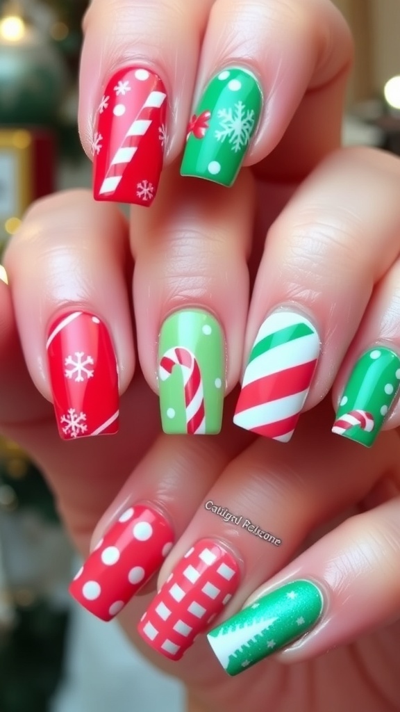 Short square Christmas nails with festive designs including red and green colors, snowflakes, and candy cane stripes.